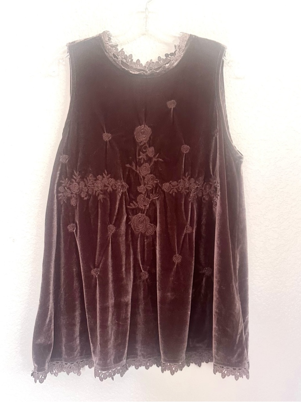 Pol Boho Velvet Embroidered Sleeveless Tunic Top - Brown